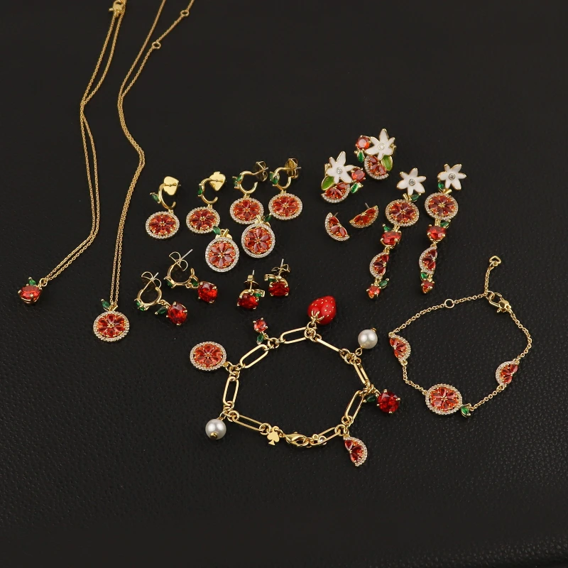 

New Fashion Cute Fruit Jewelry Cubic Zircon Inset Handmade Enamel Lemon Flower Strawberry Charms Bracelet Earrings Necklace Sets