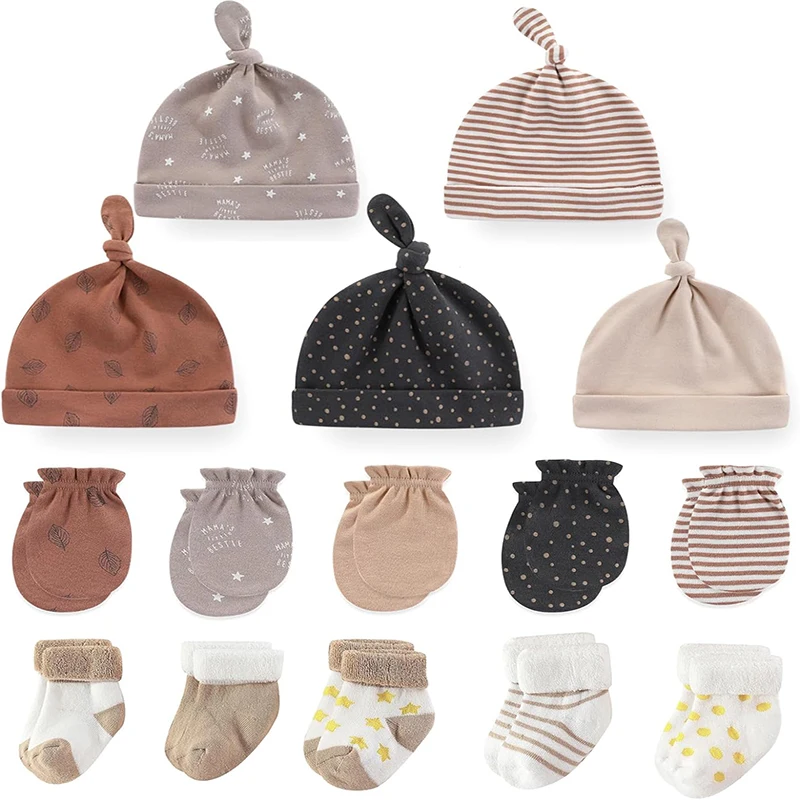 15Pieces Newborn Baby Boy Girl Headwear 100%Cotton Gloves+Hats+Socks Sets Infant Supplies Accessories Cartoon 0-12M Solid Color