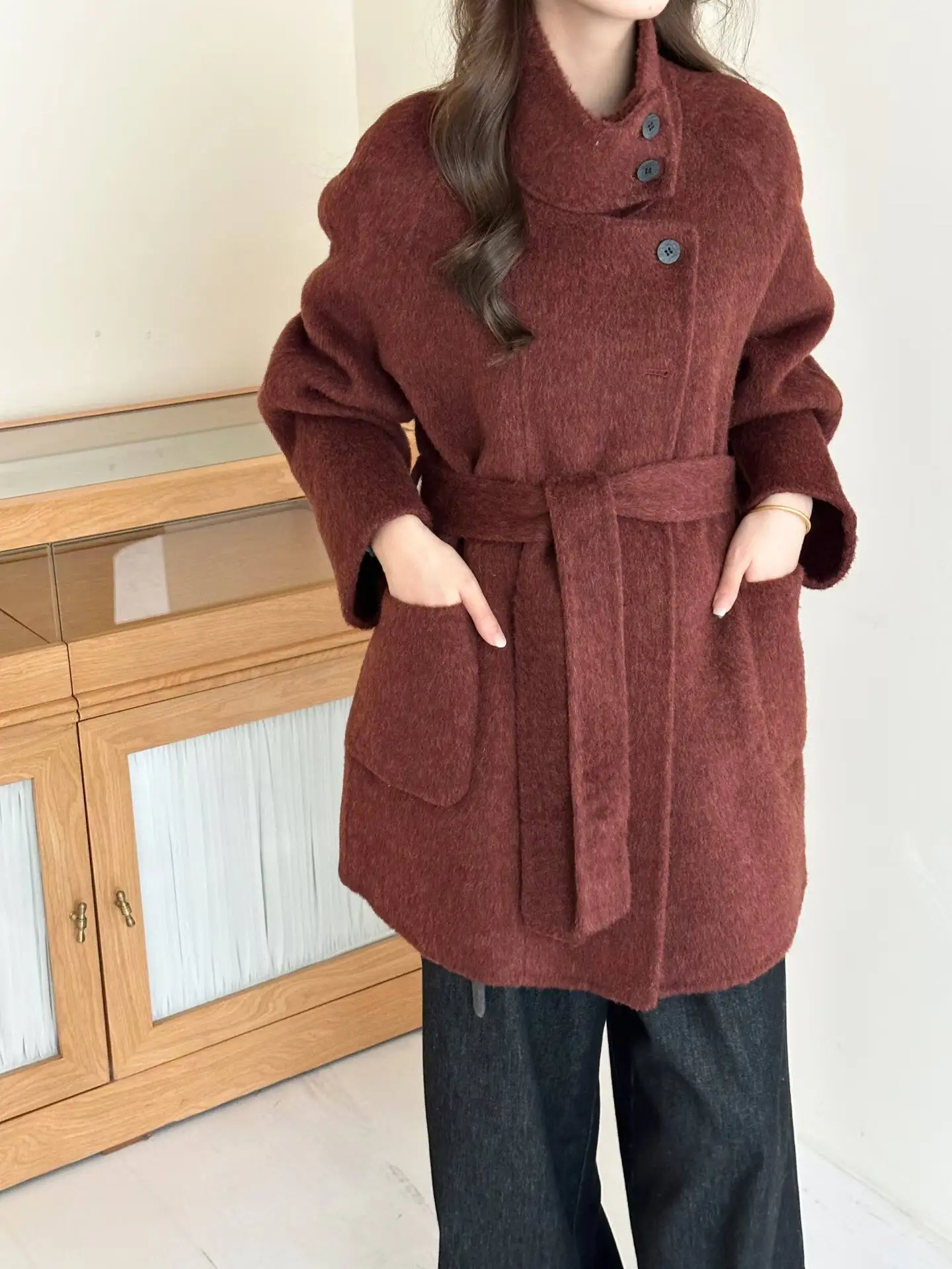 Autumn Winter Stand Collar Solid Double Sided Wool Overcoat Double Sided Fabric Coat Woman Single Breasted Lace Up Woolen Jacket