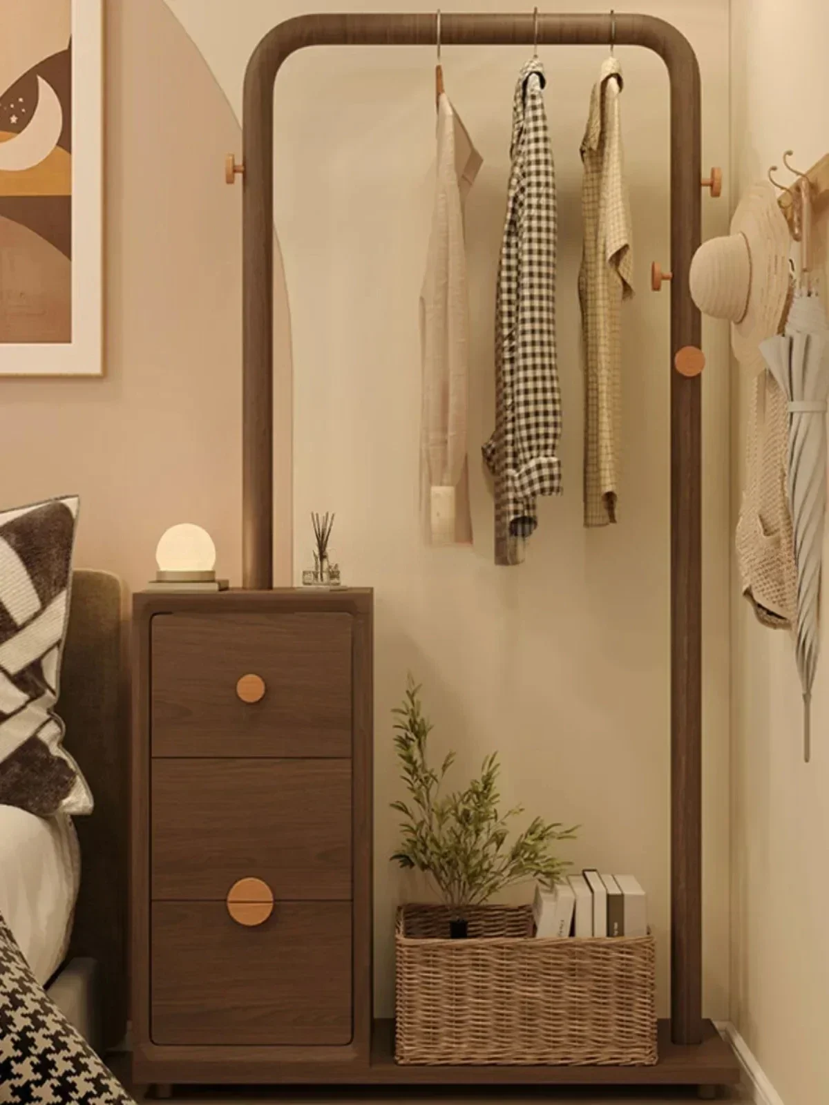 

Black walnut floor-to-ceiling coat rack bedside table