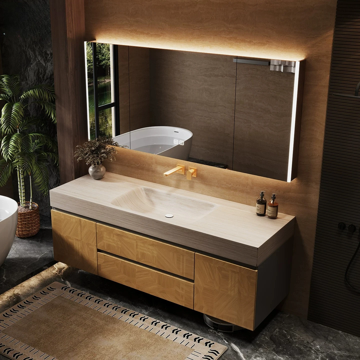 Italian Light Luxury Rock Slab Seamless Hot Bending Integrated Basin Bathroom Cabinet Toilet Washstand Basin Cabinet Combination