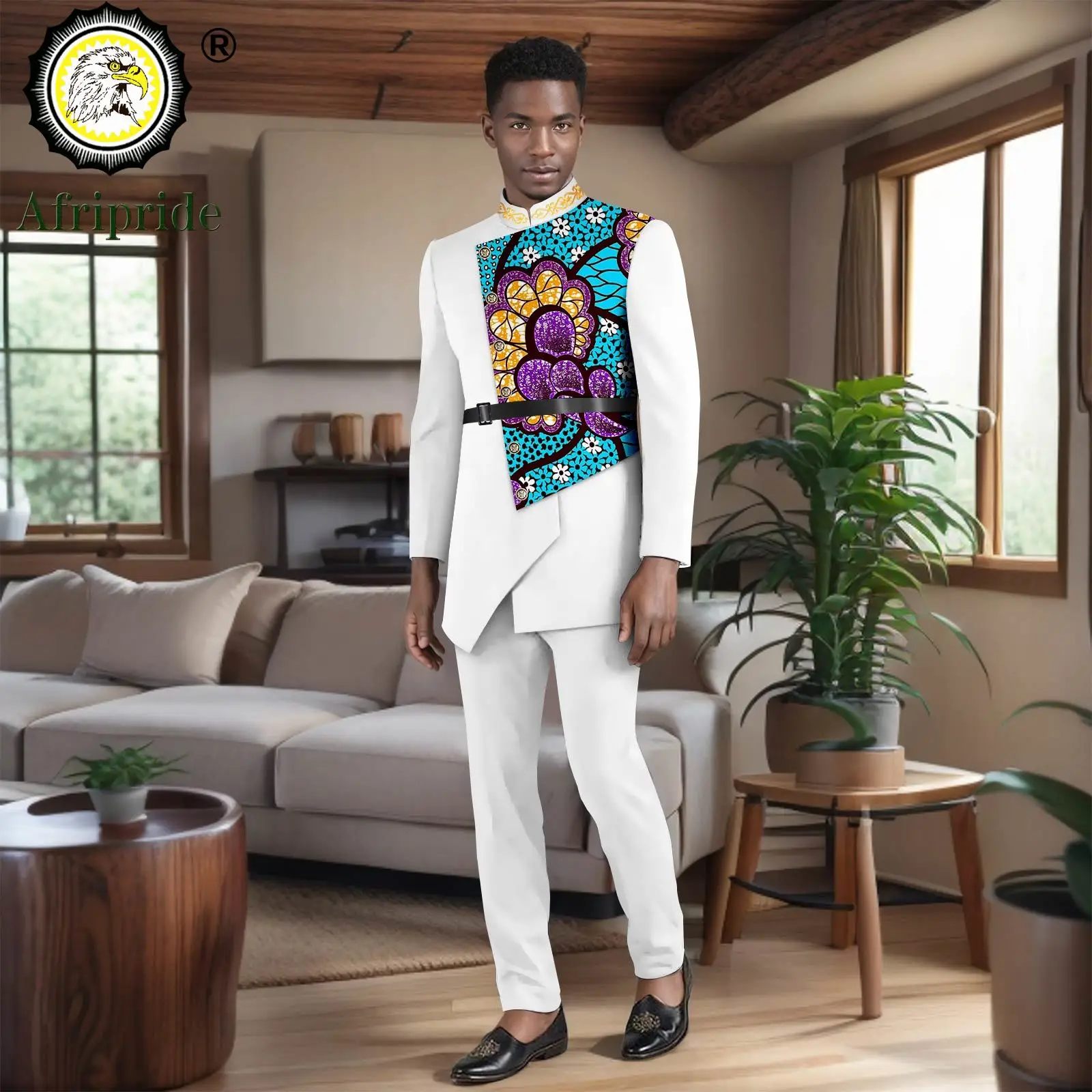 African Suits for Men Single Breasted Print Jackets and Pants 2 Piece Set Dashiki Clothes Formal Outfits with Belt 2516007