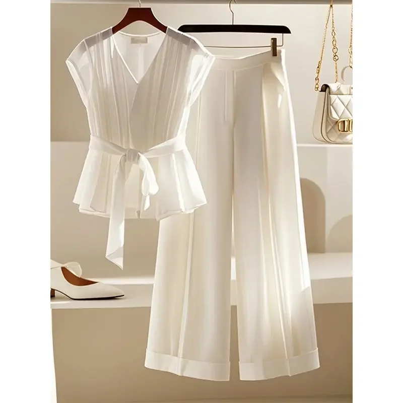 

Elegant Chffion V-neck Lace-up Waist Shirt Blouse + Wide Leg Pants Sets Outfits New French Fashion Summer Women's two pieces set