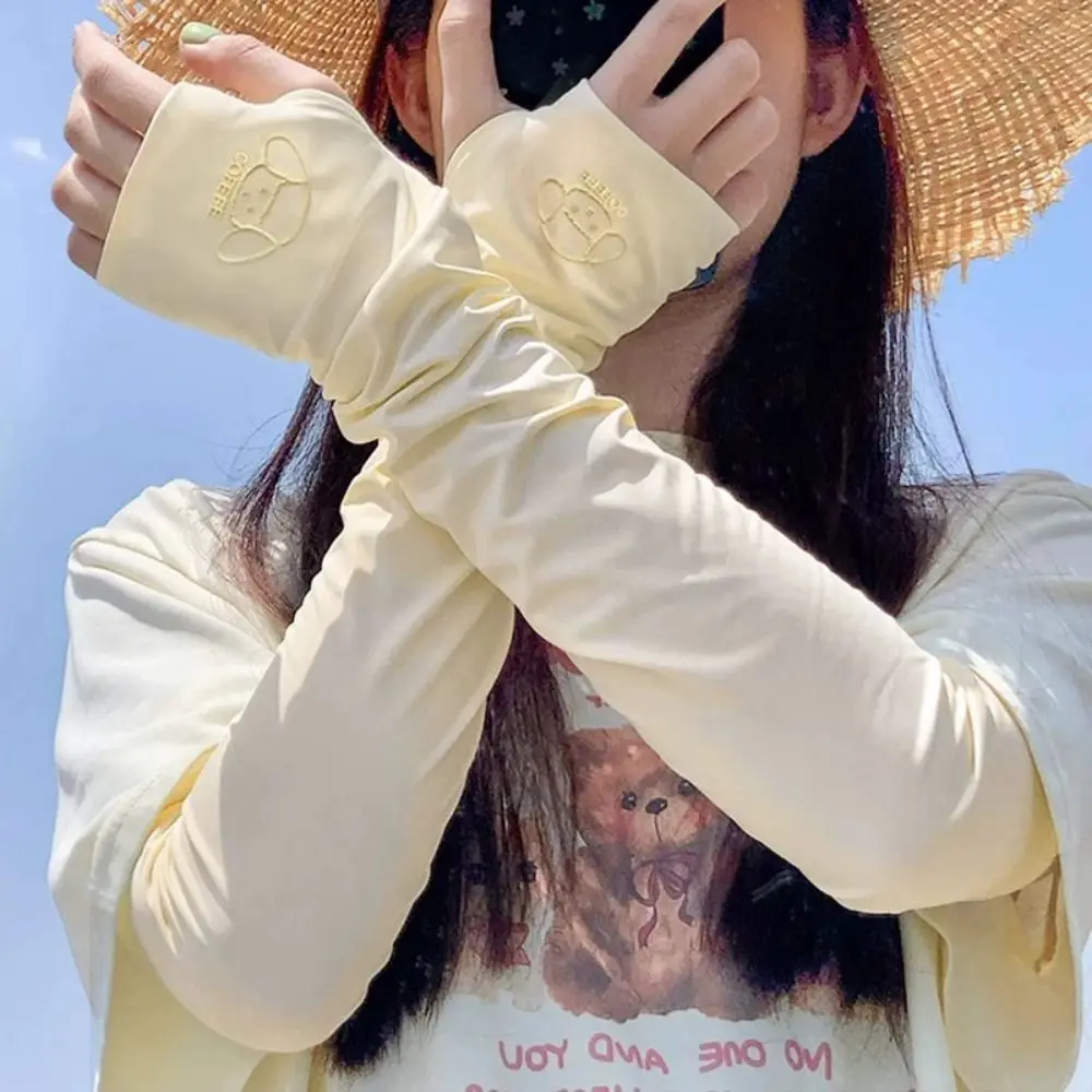 Дышащие эластичные длинные рукава из ледяного шелка с мультяшными животными, тонкие солнцезащитные чехлы на руку, анти-УФ-изоляционные велосипедные перчатки, летние