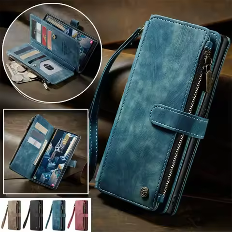 Flip Leather Phone Case For Samsung Galaxy S25 Ultra S24 FE S23 Plus S22 S21 S20 S10 Note 20 Zipper Wallet Multi Card Cover Etui