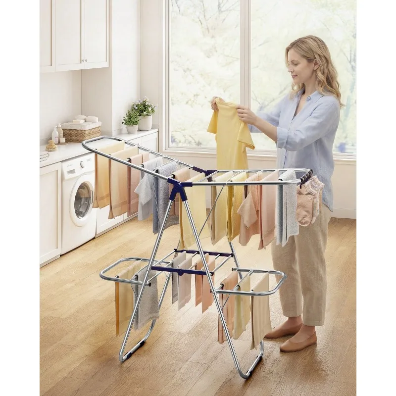 Clothes Drying Rack, Foldable Laundry Drying Rack, Sock Clips, Metal Clothes Airer With Height-Adjustable Gullwings, Space-Saving, Indoor Outdoor