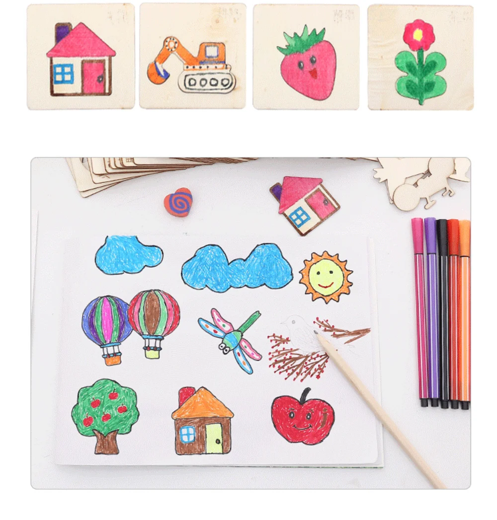 Kids Montessori Drawing Toys Wooden DIY Painting Stencils Template Craft Toys Puzzle Educational Toys For Children Gifts