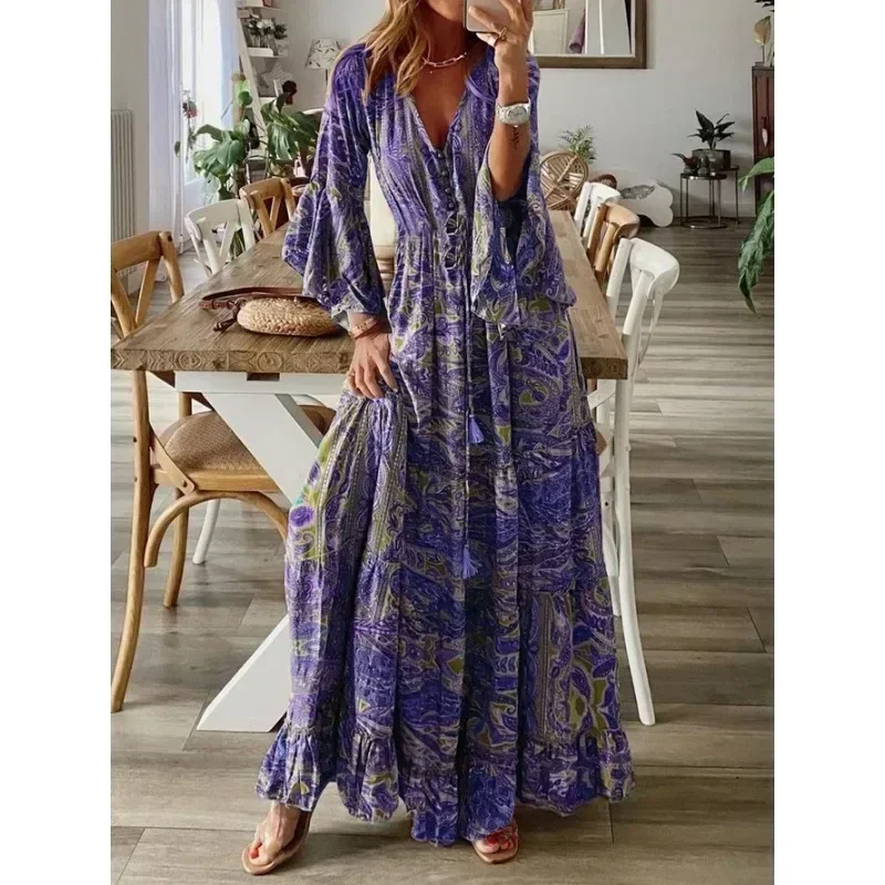 Femme taille S-3XL style bohème manches trompent imprimé col en v taille haute robe de vacances florale longue robe