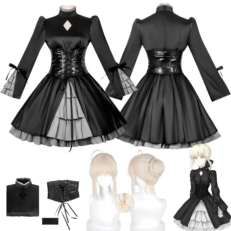 

Костюм для косплея Альтрии Пендрагон из аниме Fate Stay Night, парик, черное платье Сэйбер, наряд для Хэллоуина для женщин
