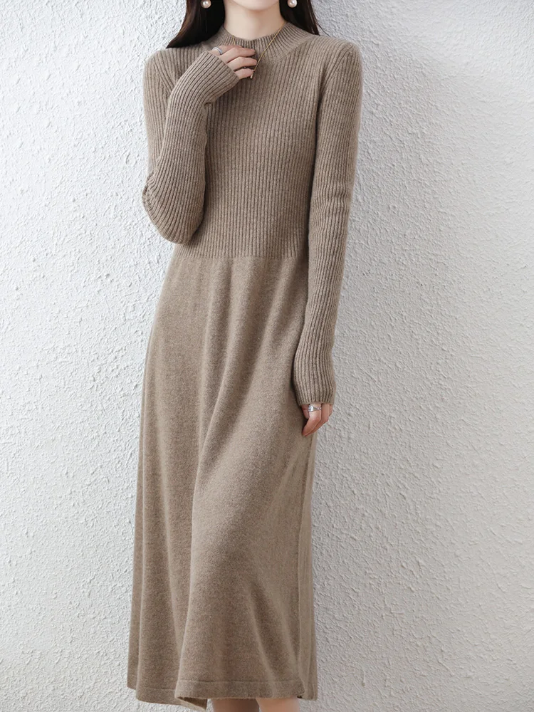 Women's Wool Dress Mock Neck Cashmere Pullover Sweater Autumn Winter 100% Merino Wool Knitwear Fit and Flare Dress Long Dress