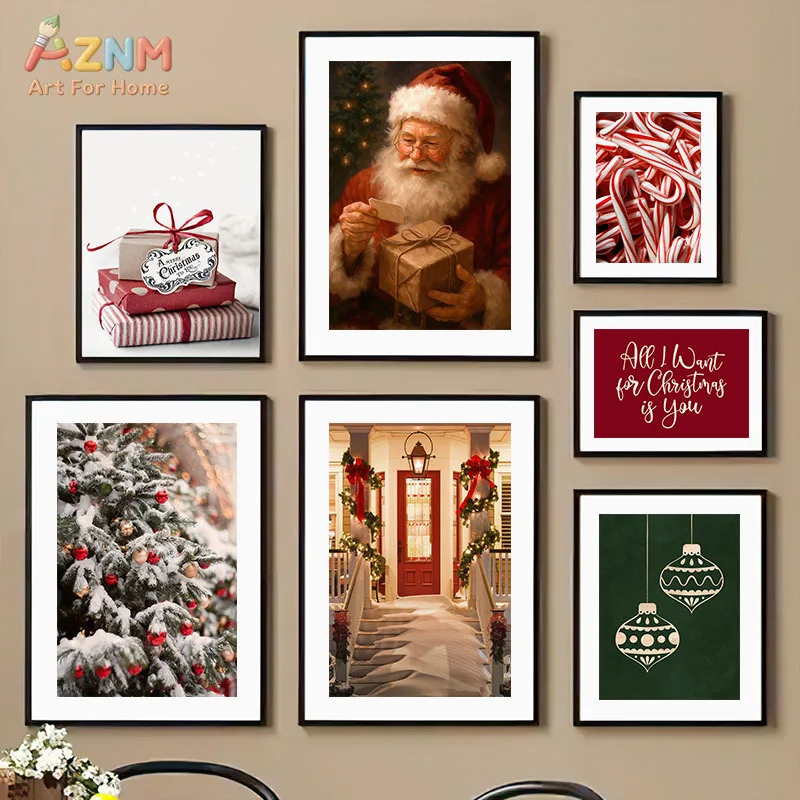 AZNM Vintage Christmas Santa Claus Gift Candy Cane Snowy Pine Tree Porch Scene Canvas Wall Art Xmas Home Indoor Decor Unframed C