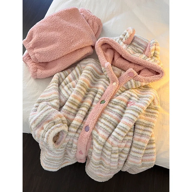 

Kawaii пижамный комплект с капюшоном и медвежьими ушками, женский комплект 2026, зимняя толстая теплая флисовая одежда для сна, милая полосатая одежда для дома, мягкая домашняя одежда