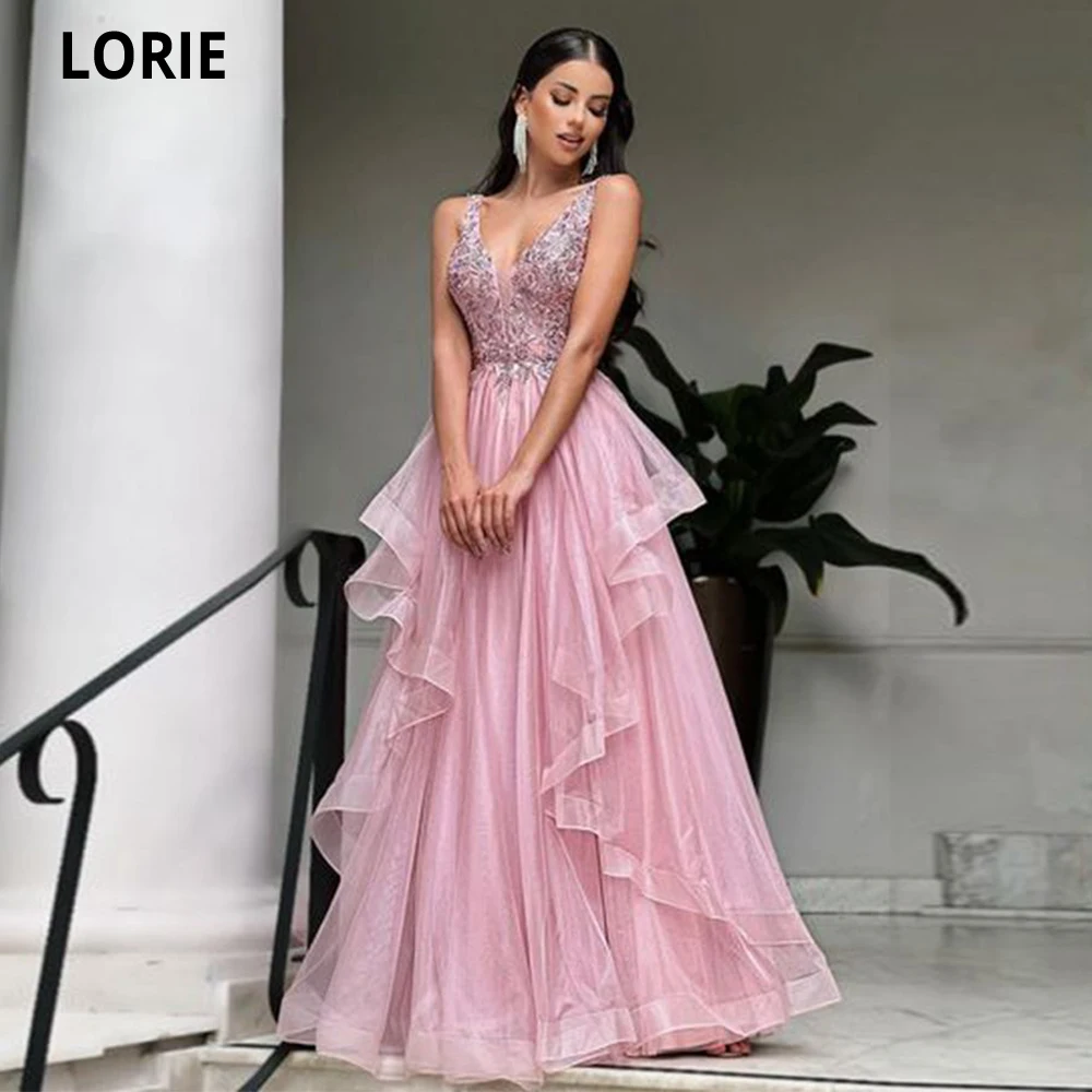 

LORIE A-line Evening Dresses V-Neck Appliques Saudi Arabia Dubia Prom Gowns Formal Ruffles Prom Party Dress Vestidos De Noche