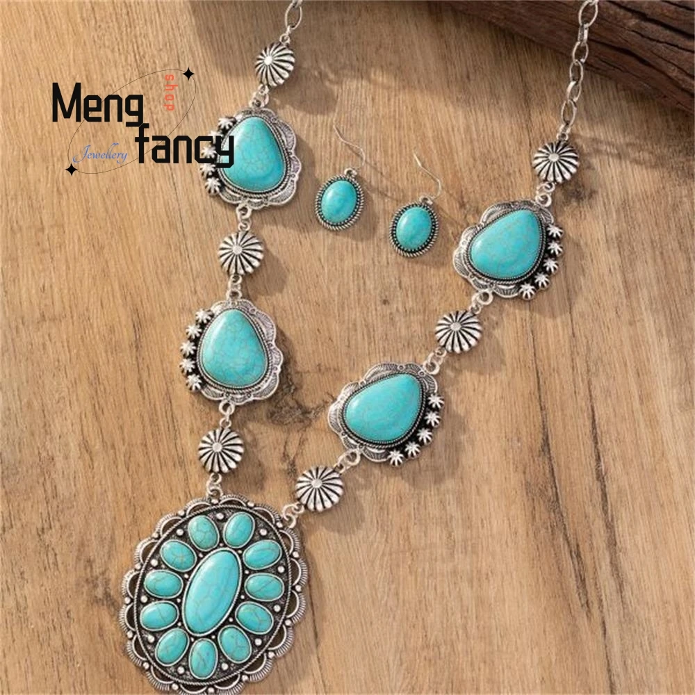 Natural Tibetan Silver Inlay Retro Turquoise Necklace Pendant Earrings Western Style Exaggerated High-grade Fashion Fine Jewelry