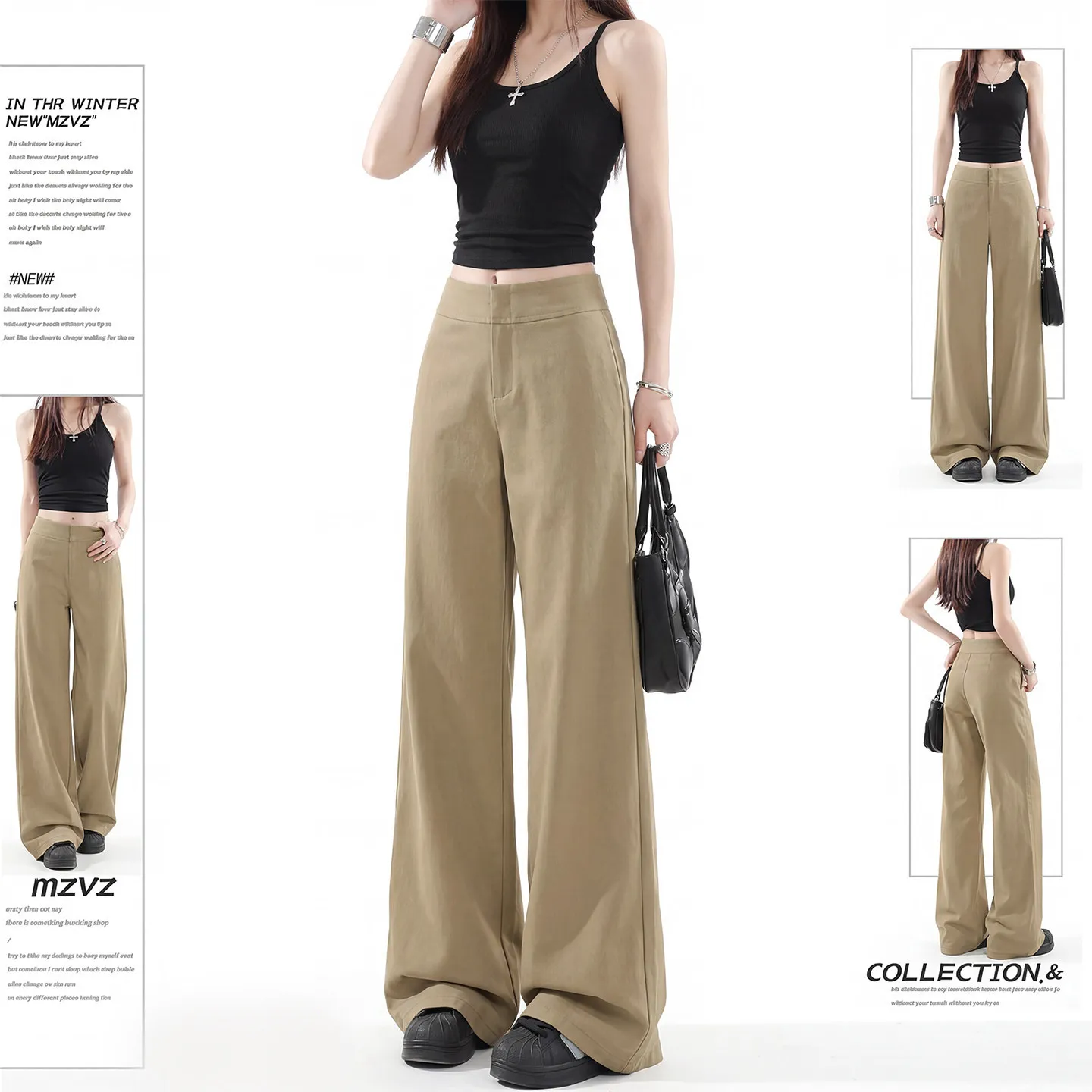 

Khaki Wide Leg Pants Women's Trendy Loose Fit Trousers Spring 2026 High Waist Polyester Fiber Iron-Free Pressing Universal Fit