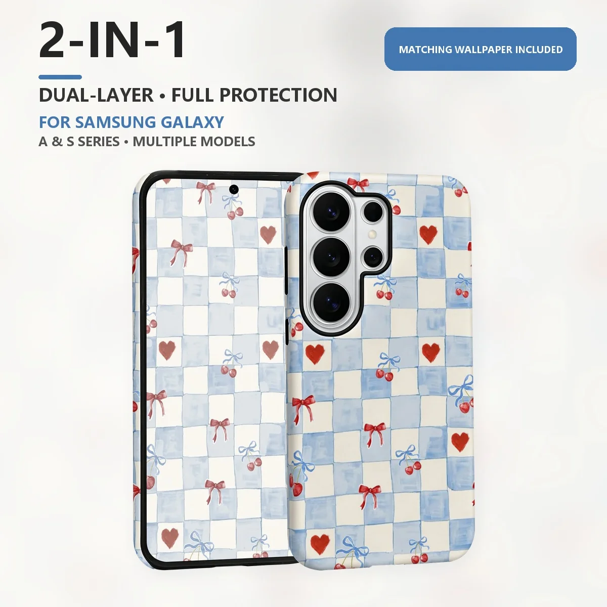 Blue Checkered Pattern 2-in-1 Dual-Layer Phone Case for Samsung Galaxy S26 S25 S24 Plus Ultra FE S20 FE A56 A17 A16 A15