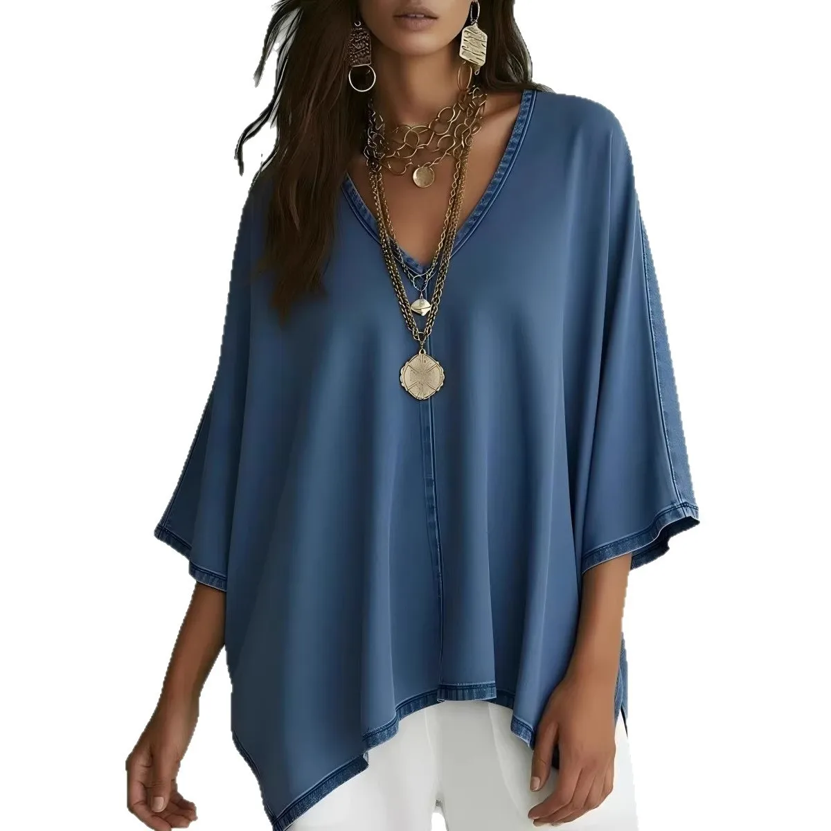 

2026 Spring Women's Denim Shirt Loose V-Neck Casual Long Sleeve Blouse Fashion Streetwear Button Down Top
