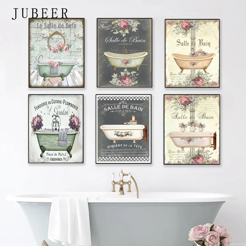 Retro French Bathroom Decoration Poster Bathtub Canvas Painting Nordic Watercolor Floral Room Wall Art Pictures For Home Decor