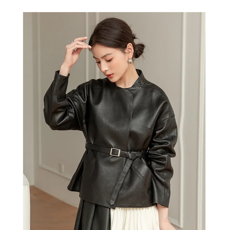 Women Clothing Elegant Female Genuine Leather Coat Round Neck Pleated Belt  Jackets Streetwear Black Office Lady