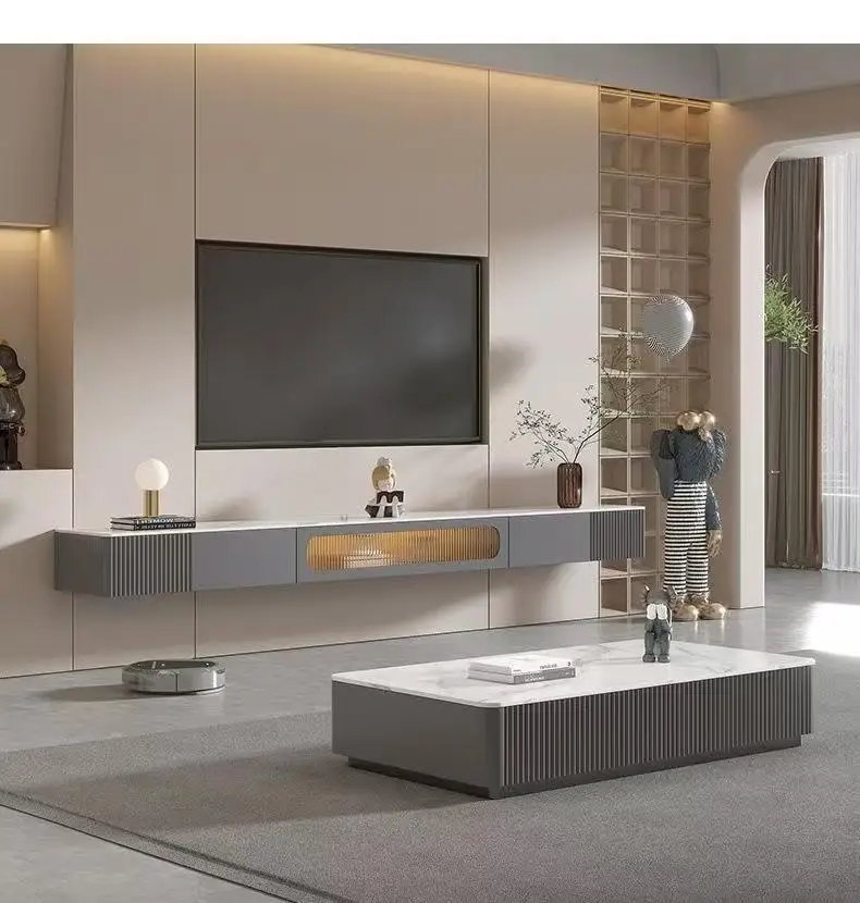 #￥Italian New Design Suspended Light Luxury Modern Tv Stand with Storage for Hotel Floating Tv Table Set With Center Table