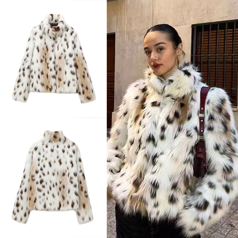 Guobioziy 2026 Winter Women Faux Fur Cropped Outerwear Stand Collar Unique Spotted Motif Sophisticated Party Street Outfit
