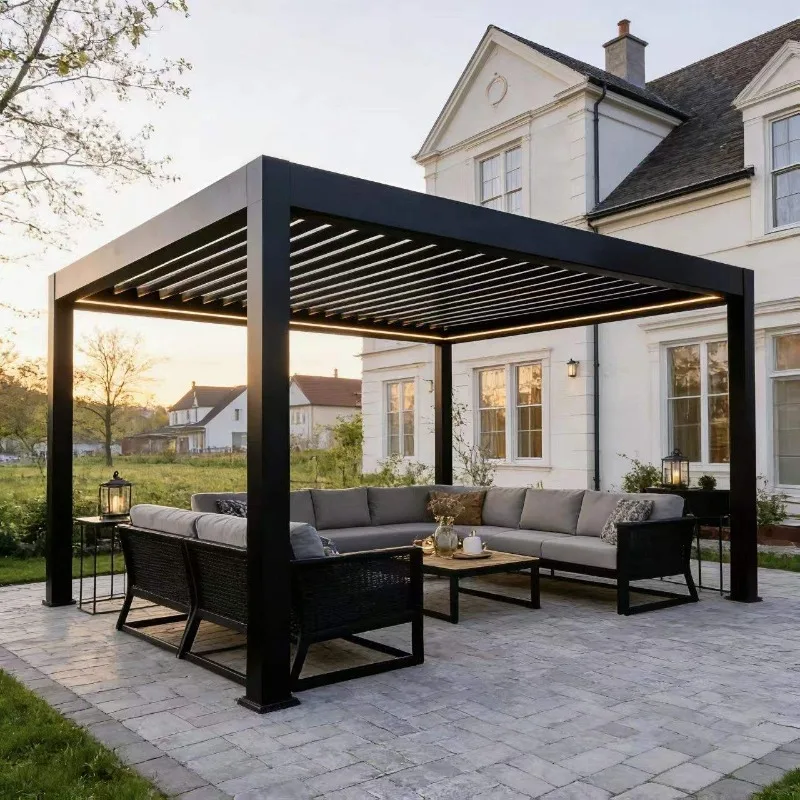 Premium Motorized Aluminum Pergola, Adjustable Louvered Roof Gazebo Weather‑Resistant Outdoor Patio Canopy for Backyard Garden