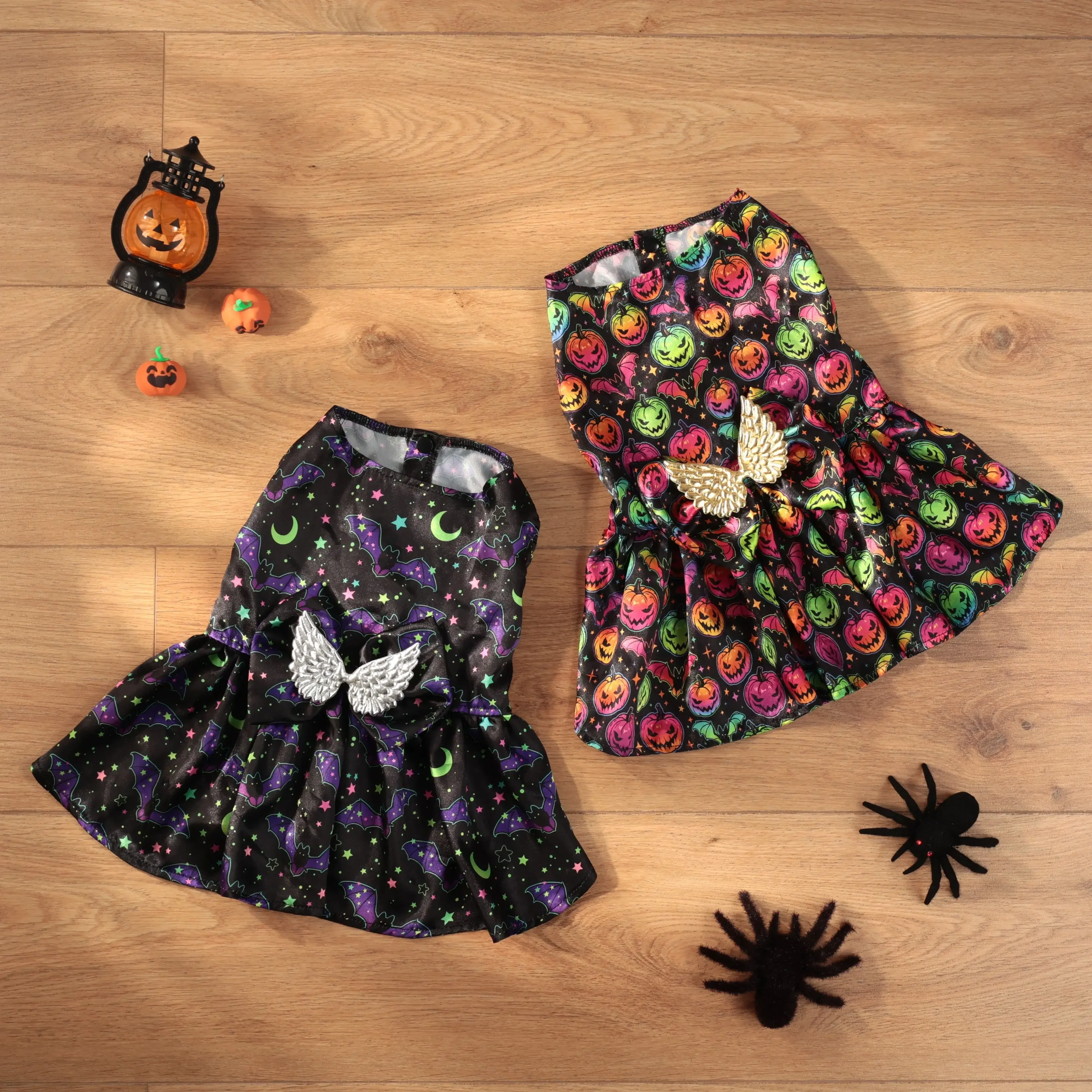 New Fun Dog Skeleton Halloween Costume Pet Lace Hair Proof Pumpkin Butterfly Dress Dog Clothes Gift