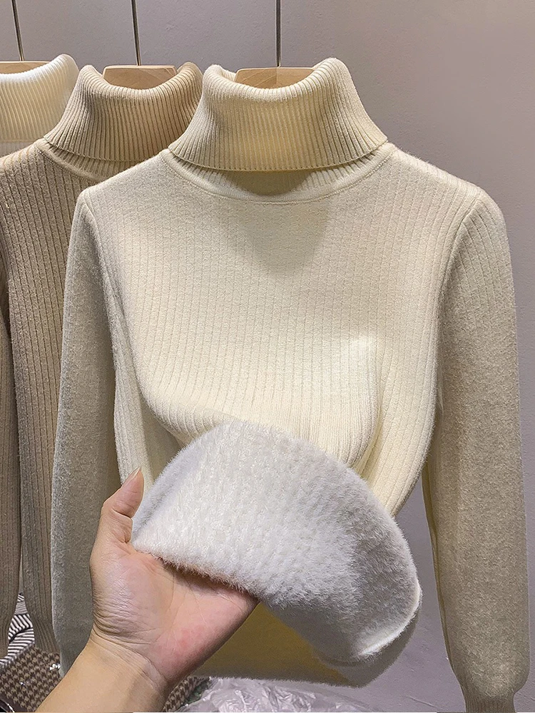 Thicken Plush Velvet Lined Knit Sweater Women Winter Slim Casual Warm Pullover Tops New Turtleneck Long Sleeve Knitwear Jumper