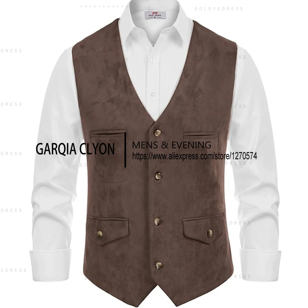 Classic Style V Neck Suede Vintage  Casual Western Cowboy Vest Single Breasted With Pockets Men's Waistcoat
