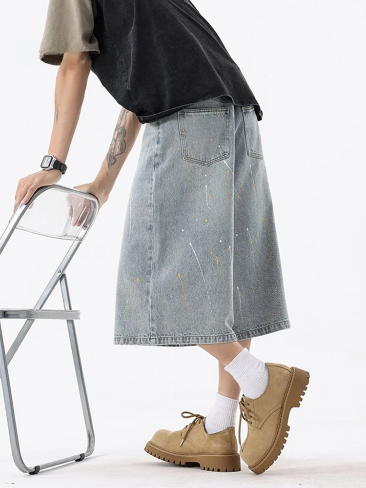 

WMNM fiti Splatter Denim orts Men's Summer Loose Straight CleanFit American Vintage Waed Seven-Foot Jeans