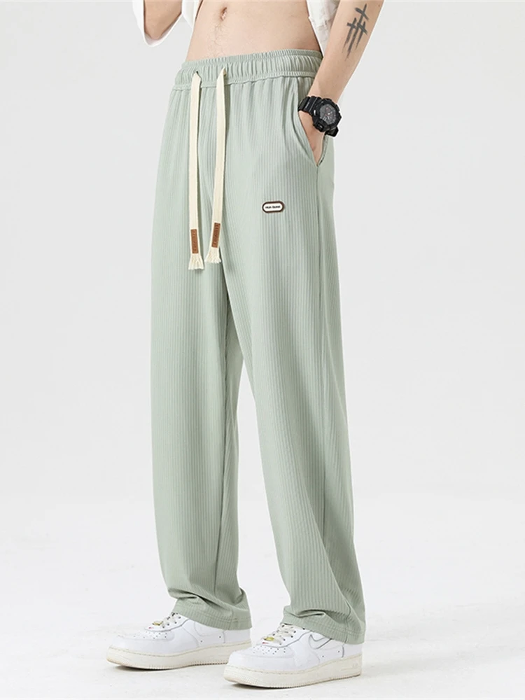 

Мужские летние повседневные брюки Mint een Ice Silk: прямые, широкие, струящиеся, модные, с высокой талией, на резинке, однотонные