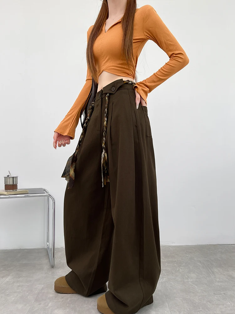 Pantaloni a gamba larga da donna con cintura in corda intrecciata retrò, pantaloni da lavoro sportivi in cotone lavato, adatti per l'autunno indossano pantaloni casual quotidiani.