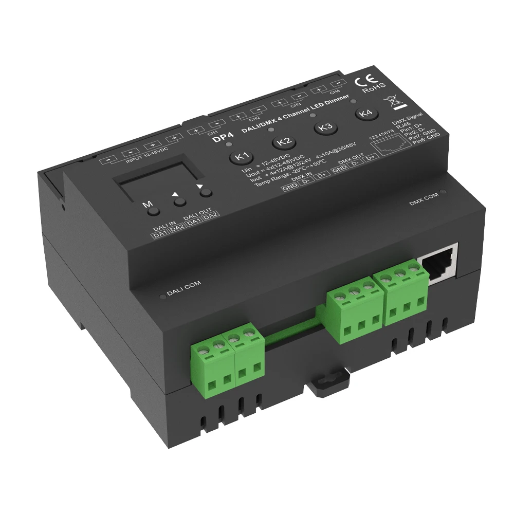 DALI/DMX 4 Channel Constant Voltage LED Dimmer Supports DALI DT6 DT8 DMX 8/16 Bit Signal Control Manual Mode Dimming DC 12V 24V