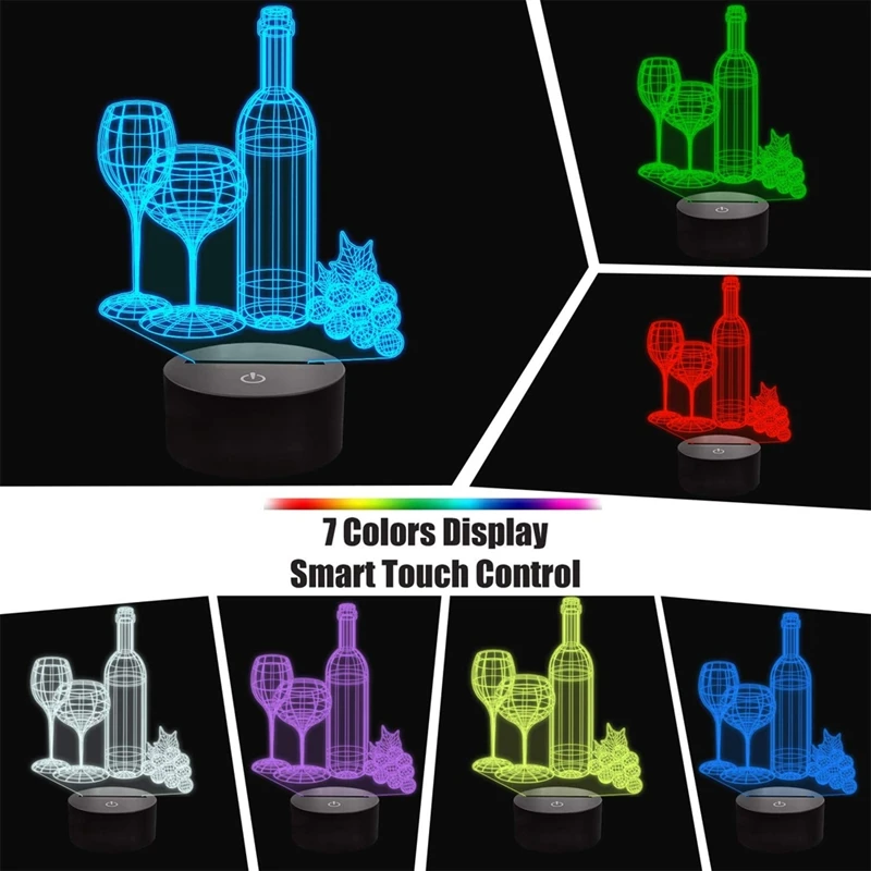 3D Wine Cup Bottle Night Lights Lamp,7Colors Changing Optical Illusion LED Press USB,Birthday Xmas Gifts For Kids Girls