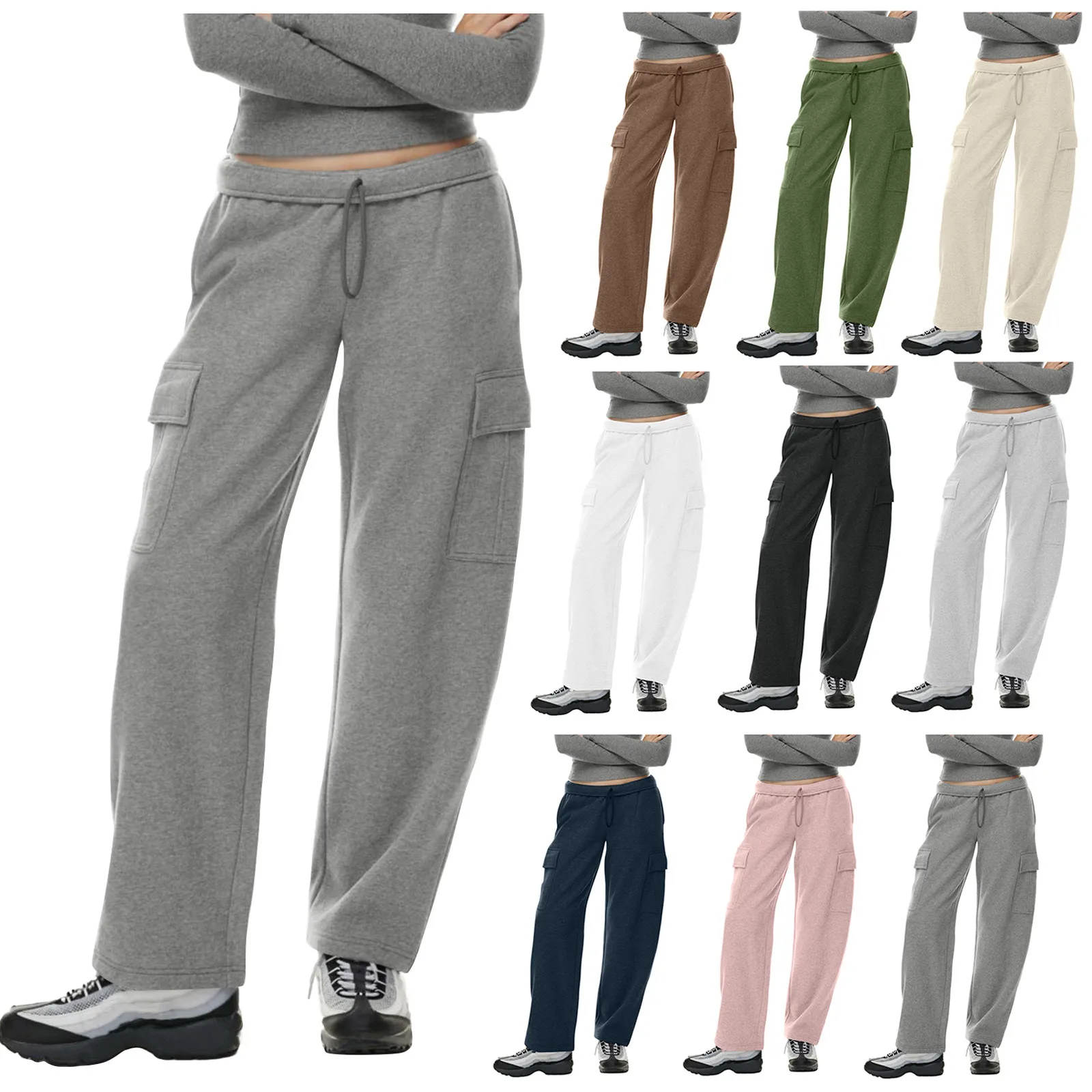 Women\'s Casual Straight Leg Pants Drawstring Elastic Waist Loose Long Trousers Sweatpants With Pockets Jogger Streetwear