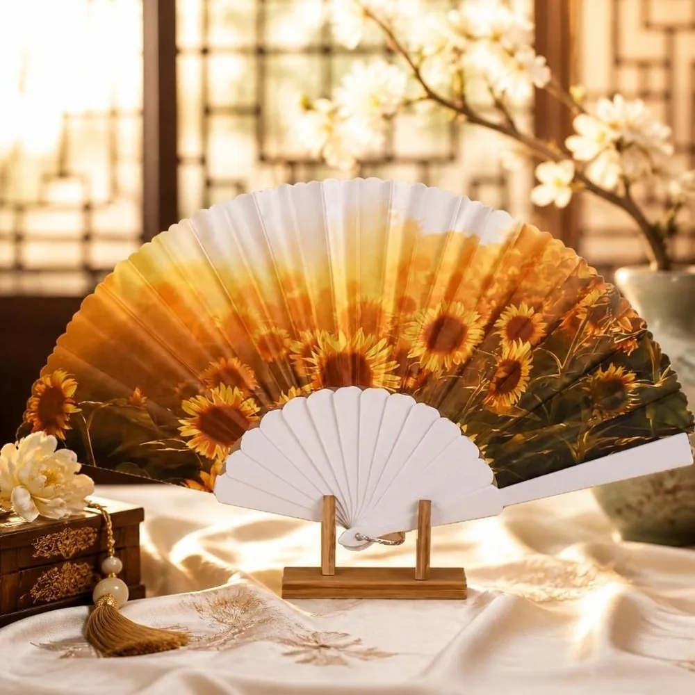 European Style Sunflower Folding Fan Handheld Handwork Design Cloth Fan Collapsible Retro Dance Fan Photography Prop