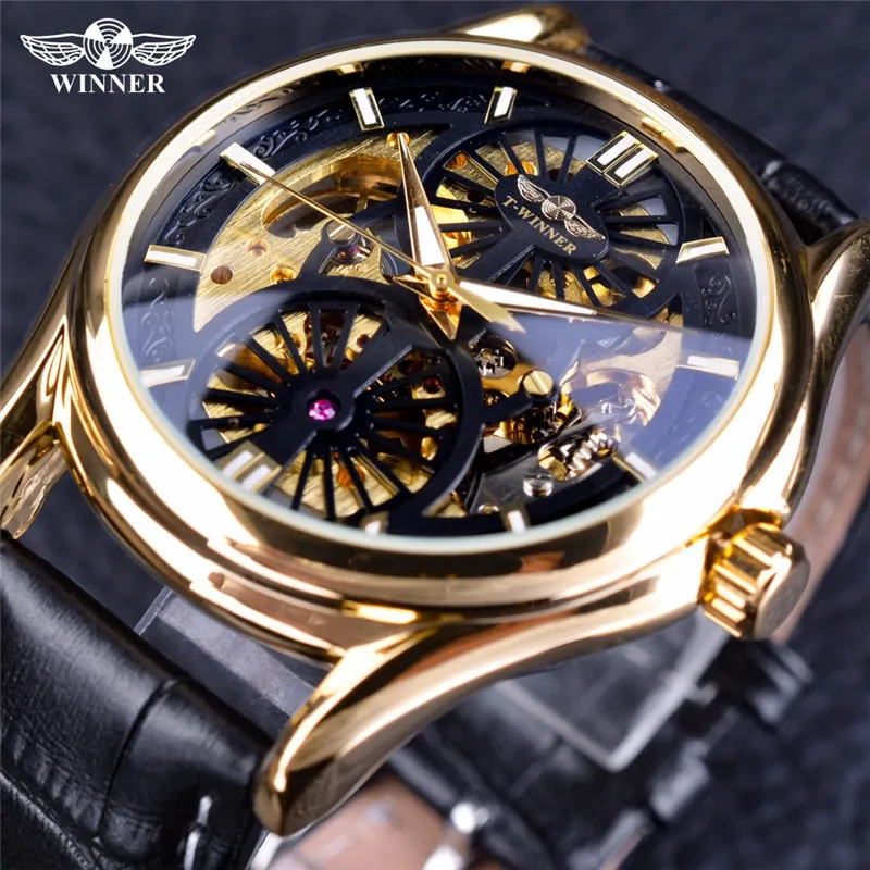 Fashion T-winner Top Brand Men\'s Casual Hollow Automatic Mechanical Personality Luxury Golden Genuine Leather Gift Wrist Watches