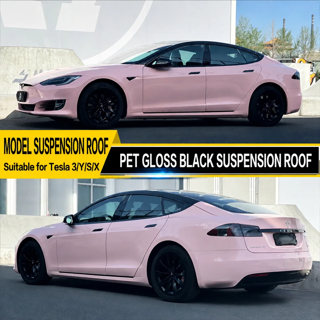 Applicable to Tesla X/Y/S/3 with suspended top, PET high-gloss self-healing piano black. Can be used with most car, motorcycle,