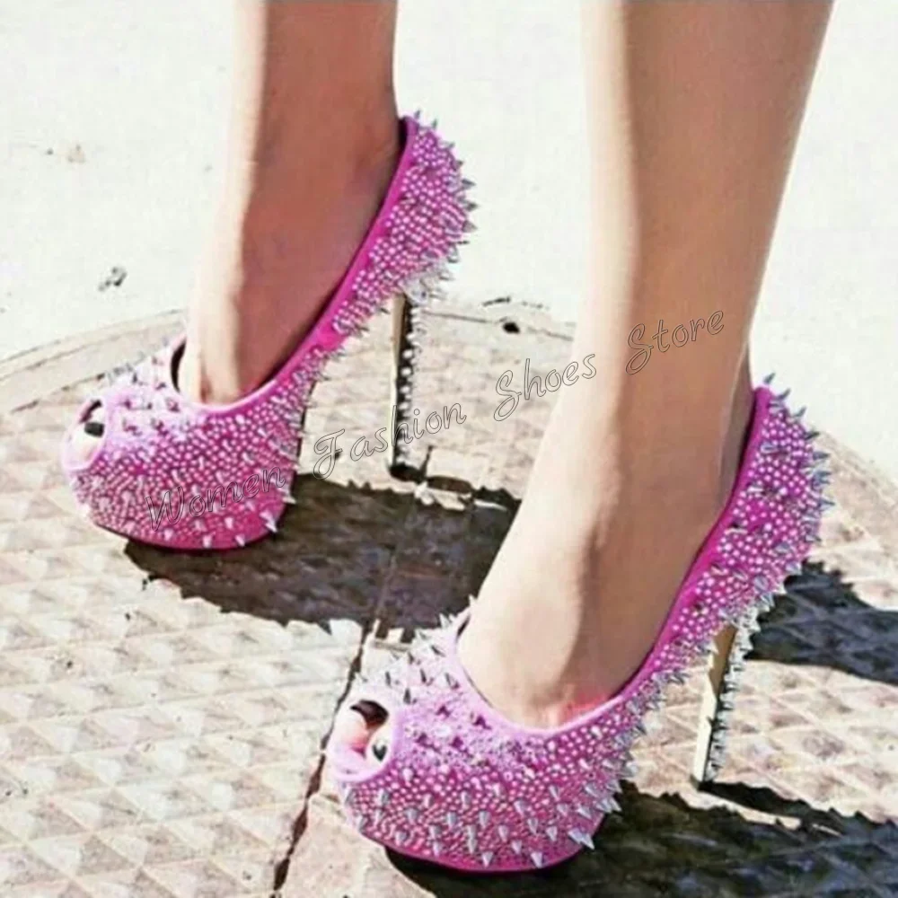 

Pink Peep Toe Crystal Rivet Decor Platform Pumps Thin High Heels High Heel Shoes for Women Heels 2025 New Zapatos Para Mujere