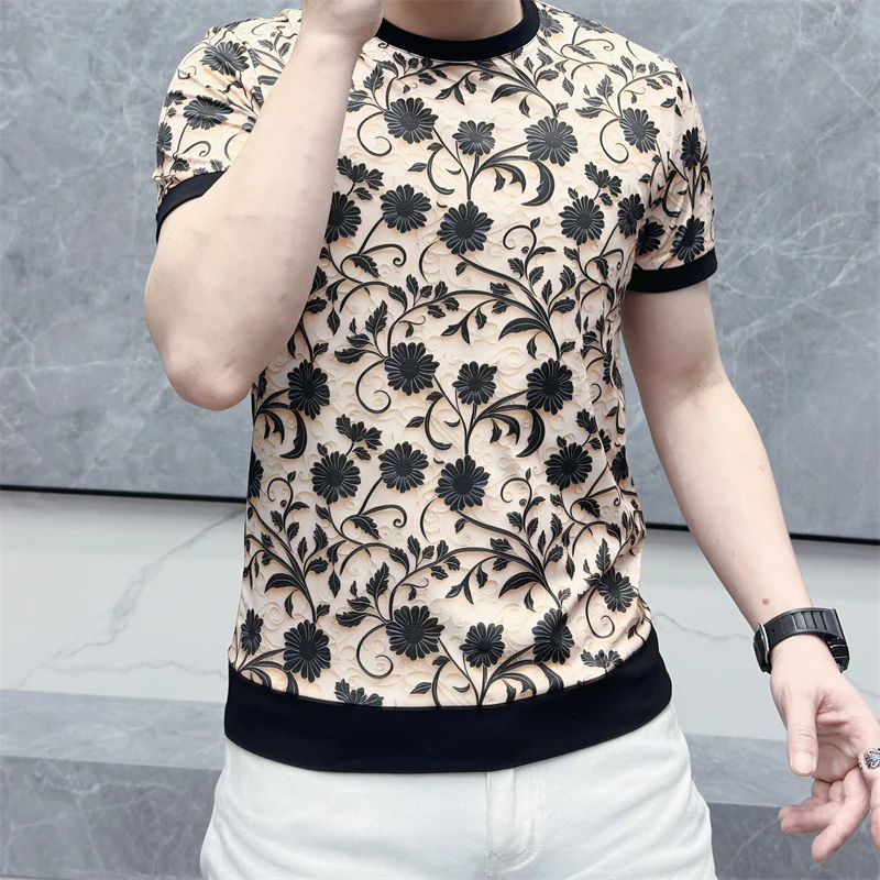 2024 Summer Thin Round Neck Men\'s T-shirts Retro Flower Jacquard Casual Elastic Tshirts Breathable Social Tee Tops Men Clothing