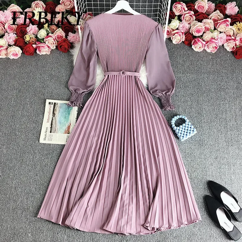 Pleated Dresses New Fashion Waist Slimming Temperament French Dress Elegant Long Sleeve Pleated Waistband Romper Evening Dresses