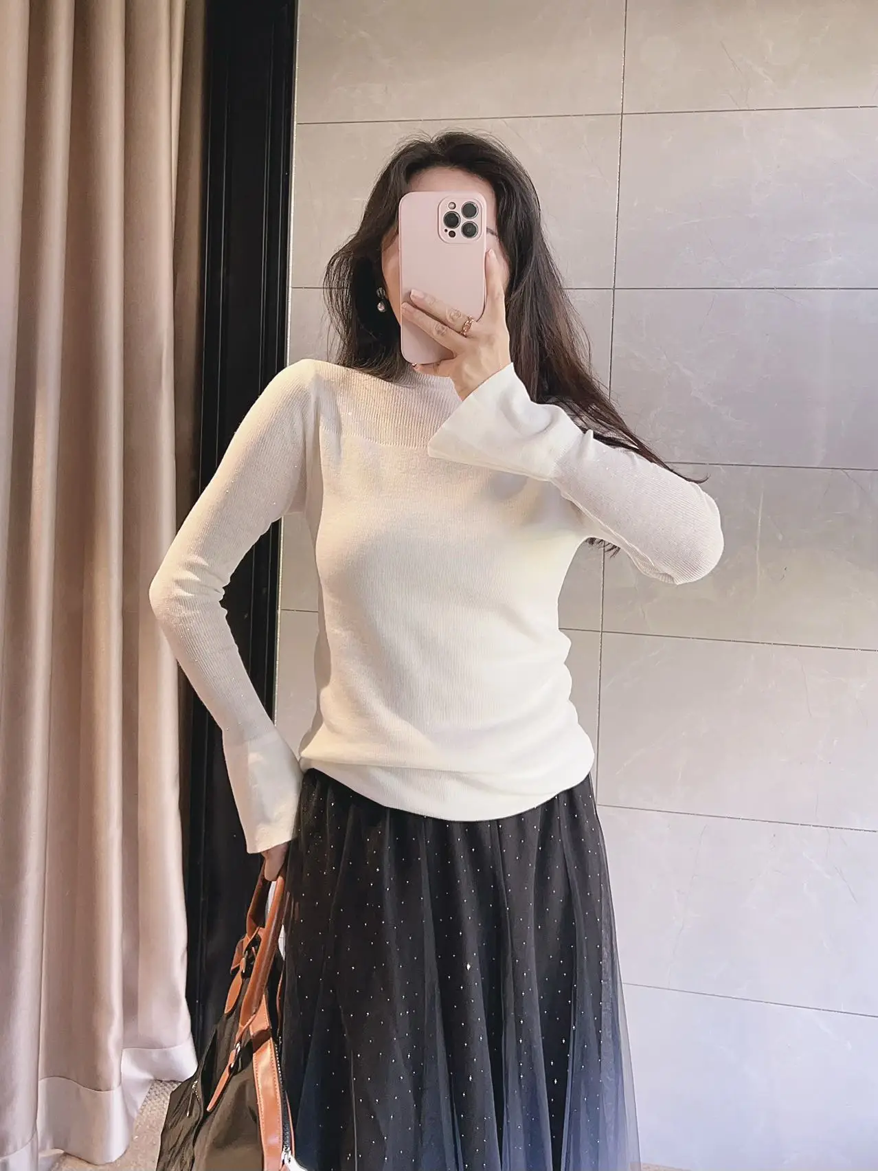 

Вязаный свитер Ele Princ Sle Long Sve из шерсти, облегающий, с высоким воротником, блестящий, из австралийской шерсти