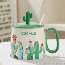 Cartoon Cactus Shape Mug, Ceramic Mark Cup, Cover Handle Spoon Breakfast Coffee Milk Tea Fruit Juice Household items, 380ml, 1Pc