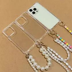 Korean Pearl Bracelets Chain Case with Lanyard Aesthetic Luxury Shell for Iphone 15 12 14 Pro Max XR X XS 7 8 Plus 16 Pro Cover