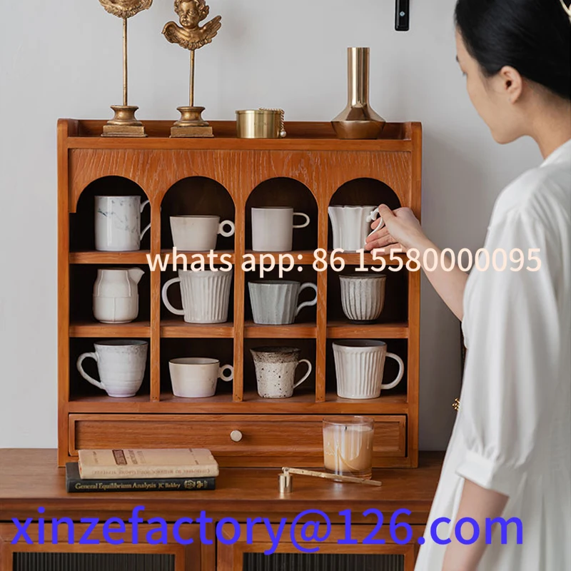 Scaffale da tavolo per tazze in legno personalizzabile, porta tazze da tè, portaoggetti in reticolo con cassetto