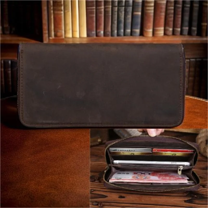 

Vintage Mens Genuine Leather Clutch Bag Zip Around Long Wallets for Men Rfid Card Holder Coin Purse Anti Theft Phone Handbag