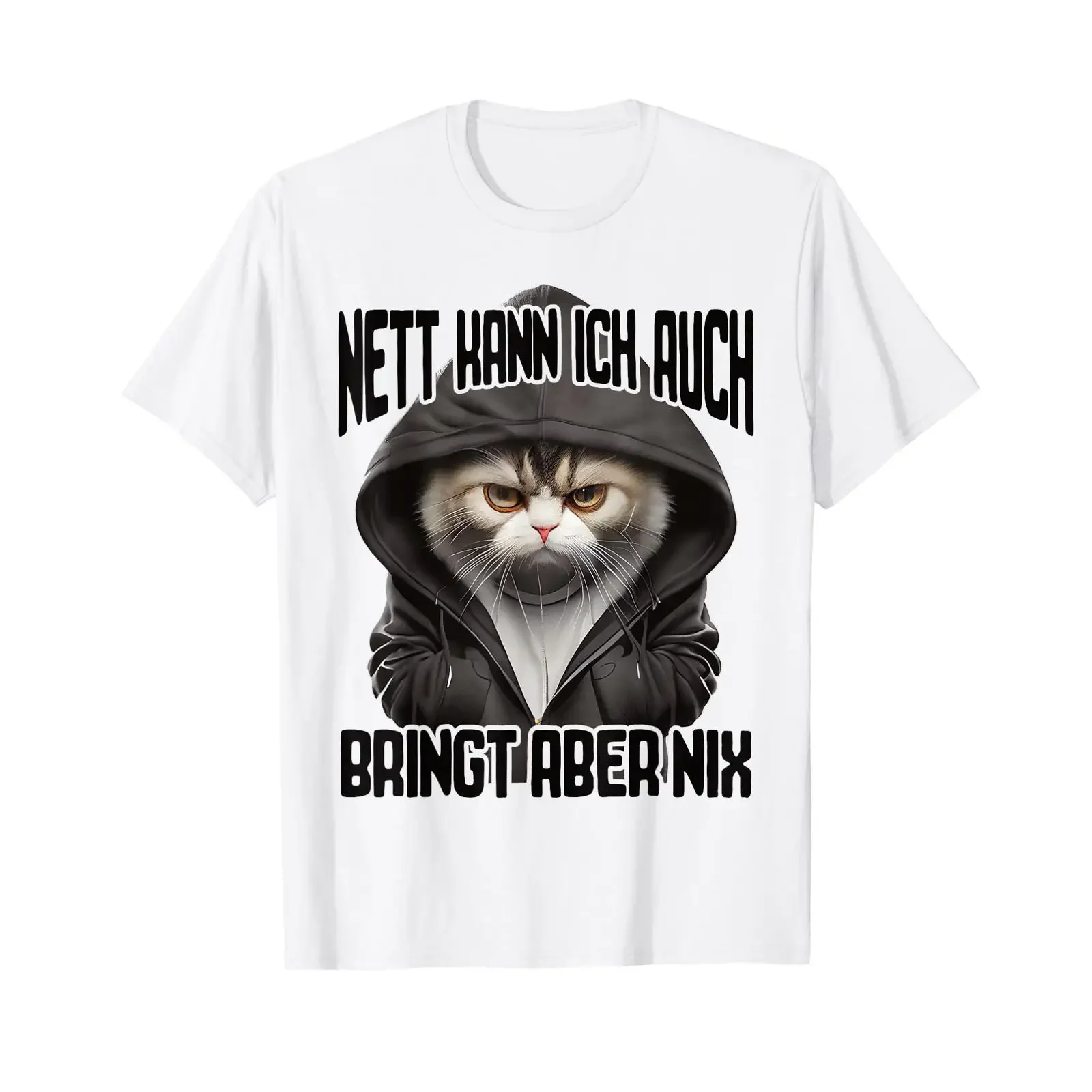 Ich kann auch ein Katzen-Geschenk mitbringen, aber nichts, außer einem weißen, vintage-lookenden, atmungsaktiven, unisex T-Shirt für Herren, das stylisch ist.