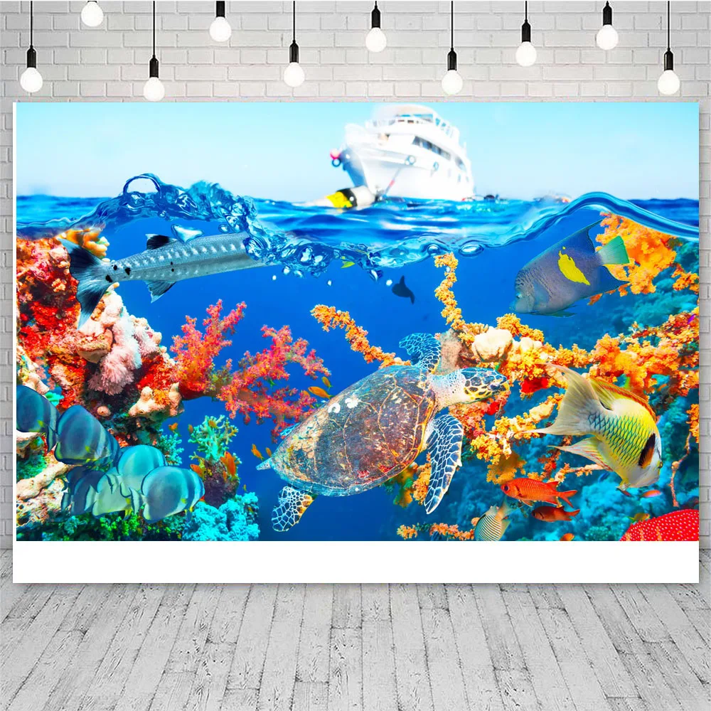 Pano de fundo de tubarão para chá de bebê, azul, mundo subaquático, fundo do mar, peixe, coral, decoração de festa de aniversário infantil, fundo de foto, adereços de fotografia