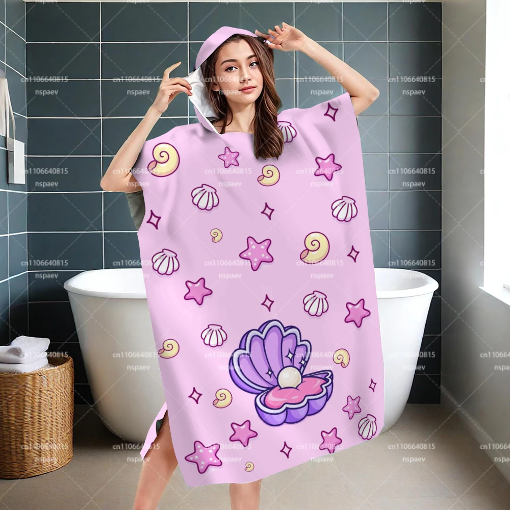 Mermaid Pearl Hooded Beach Towel, Cute Starfish Seashell Poncho for Adults Teens, Soft Absorbent Swim Pool Bath Robe