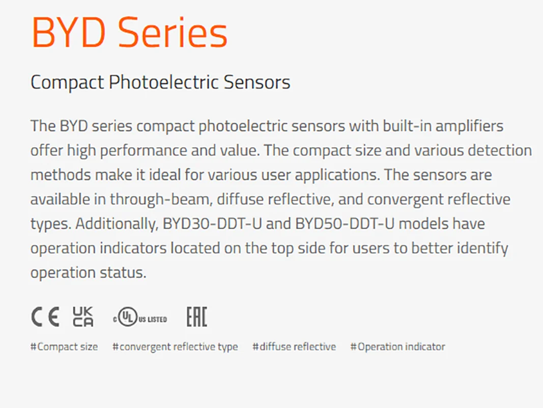 Original Autonics Photoelectric Sensors BYD30-DDT BYD3M-TDT BYD3M-TDT-P BYD50-DDT BYD50-DDT-T BYD50-DDT-U